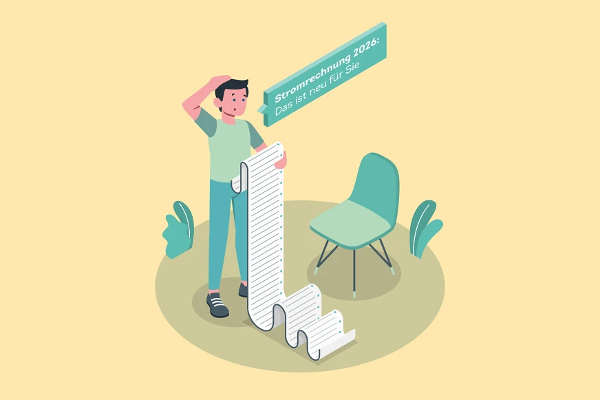 Stromrechnung 2026 – Das ist neu für Sie Illustration einer Person, die eine lange Stromrechnung betrachtet und überrascht wirkt.